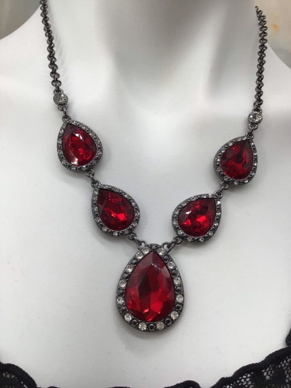 Teardrop Red Crystal Statement Necklace With Rhinestone Accents And Silver-Tone